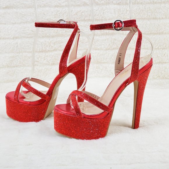 Bejeweled Pandora Bright Red Sparkling Rhinestone Platform 6.5" Heels Shoes - Picture 15 of 17